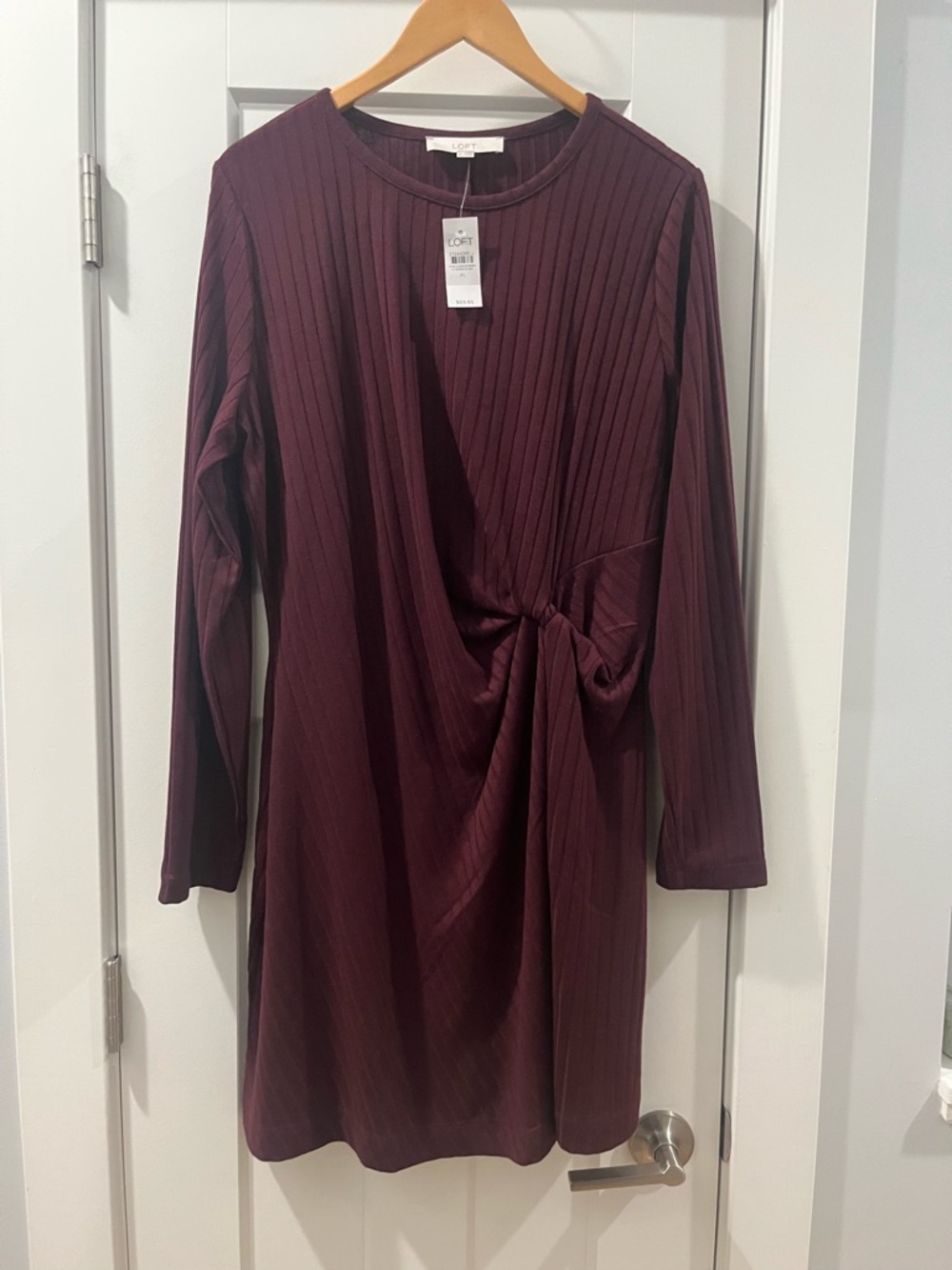 LOFT Twist-Front Ribbed Mini Dress in Burgundy Size XL NWT